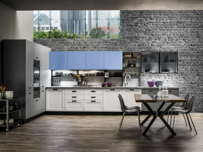 Cucina Moderna angolare Dallas 05 in PET Zucchero Grigio e Timo di Arrex