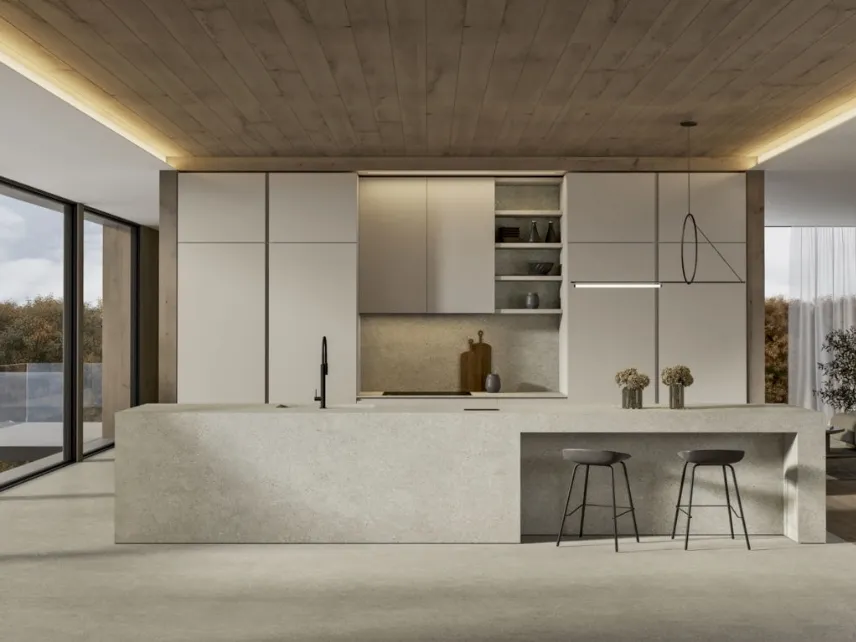 Cucina Moderna con isola Gea 01 in PET Sabbia di Arrex