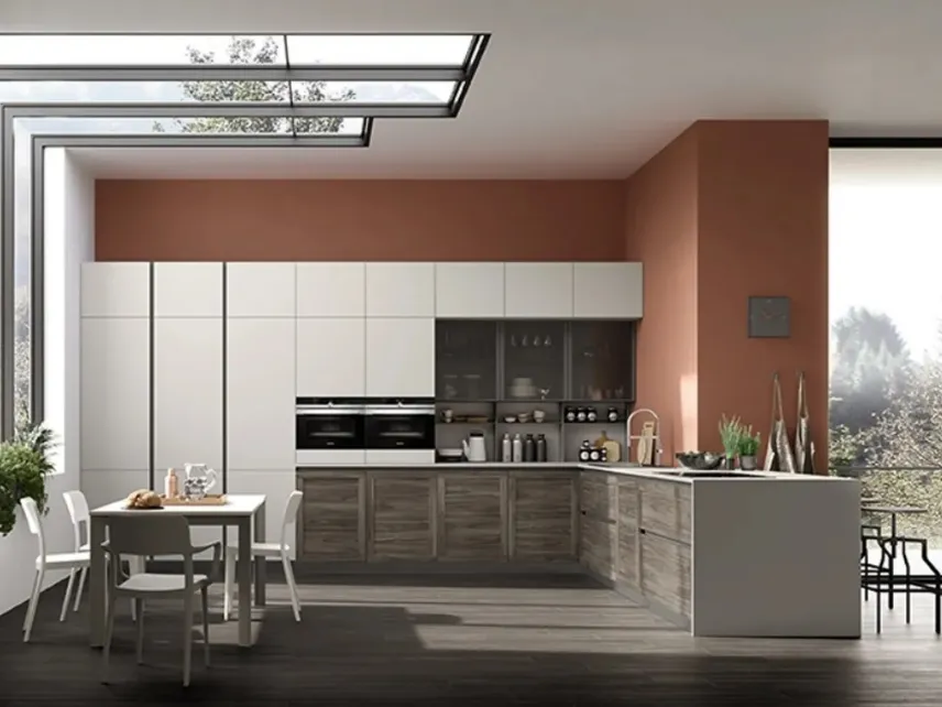 Cucina Moderna con penisola Twin 07 Okobo Dark e laccato Grigio di Arrex