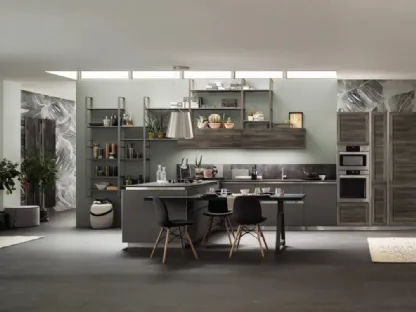 Cucina Moderna con penisola Twin 08 in HPL Nichel e Okobo Dark di Arrex