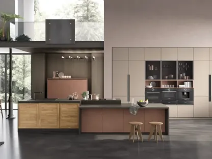 Cucina Moderna con isola Twin 06 Okobo Natural e Lab Oxide Marrone di Arrex