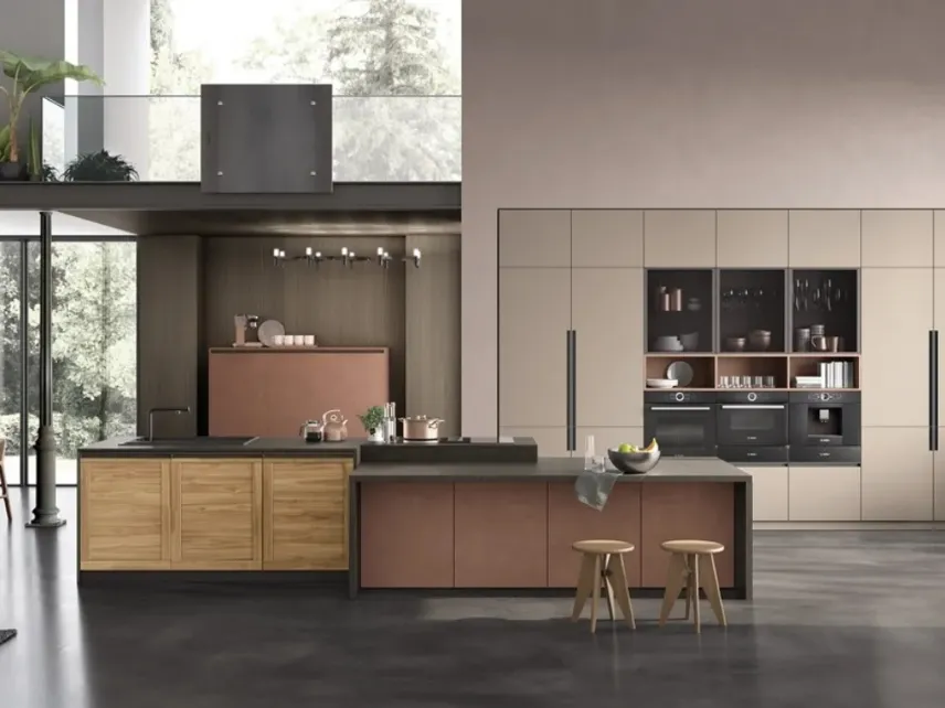 Cucina Moderna con isola Twin 06 Okobo Natural e Lab Oxide Marrone di Arrex