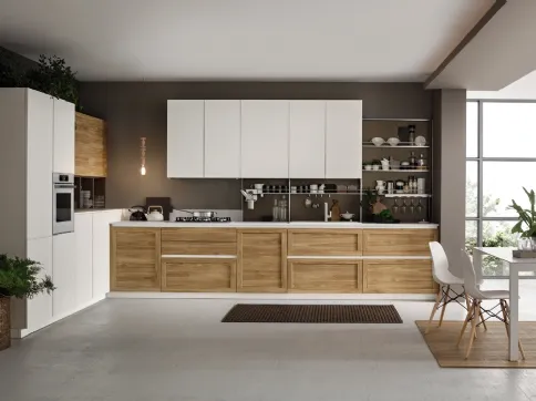 Cucina Moderna ad angolo Twin 03 in HPL Okobo Natural & White di Arrex