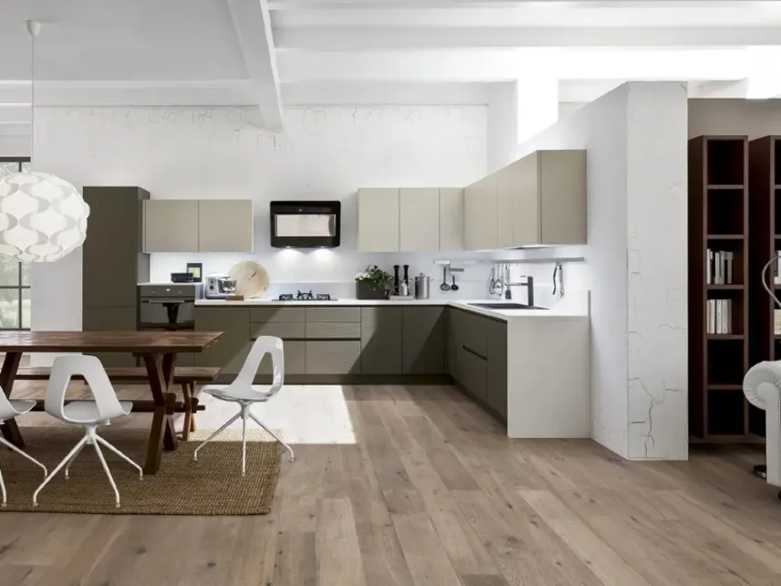 Cucina Moderna angolare Zenzero 07 in Rovere laccato Tortora e Juta di Arrex